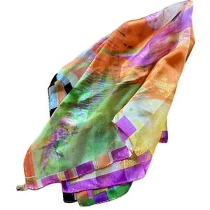 100% Mulberry Silk 20.5”Square Scarf Purple Orange Green Yellow Black Blue